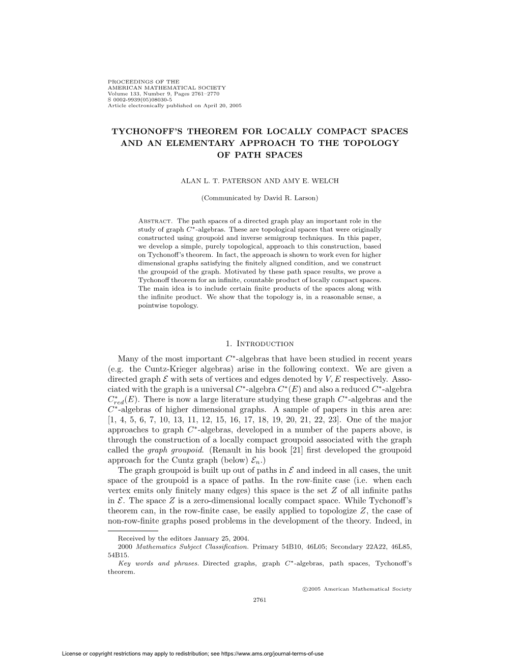 TYCHONOFF's THEOREM for LOCALLY COMPACT SPACES and an ELEMENTARY APPROACH to the TOPOLOGY of PATH SPACES 1. Introduction Many