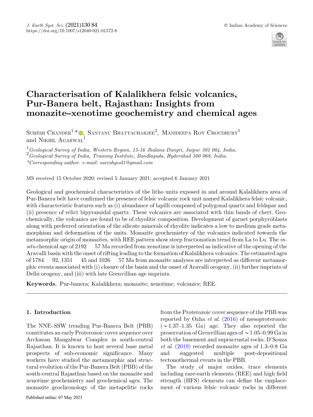 Characterisation of Kalalikhera Felsic Volcanics, Pur-Banera Belt, Rajasthan: Insights from Monazite–Xenotime Geochemistry and Chemical Ages