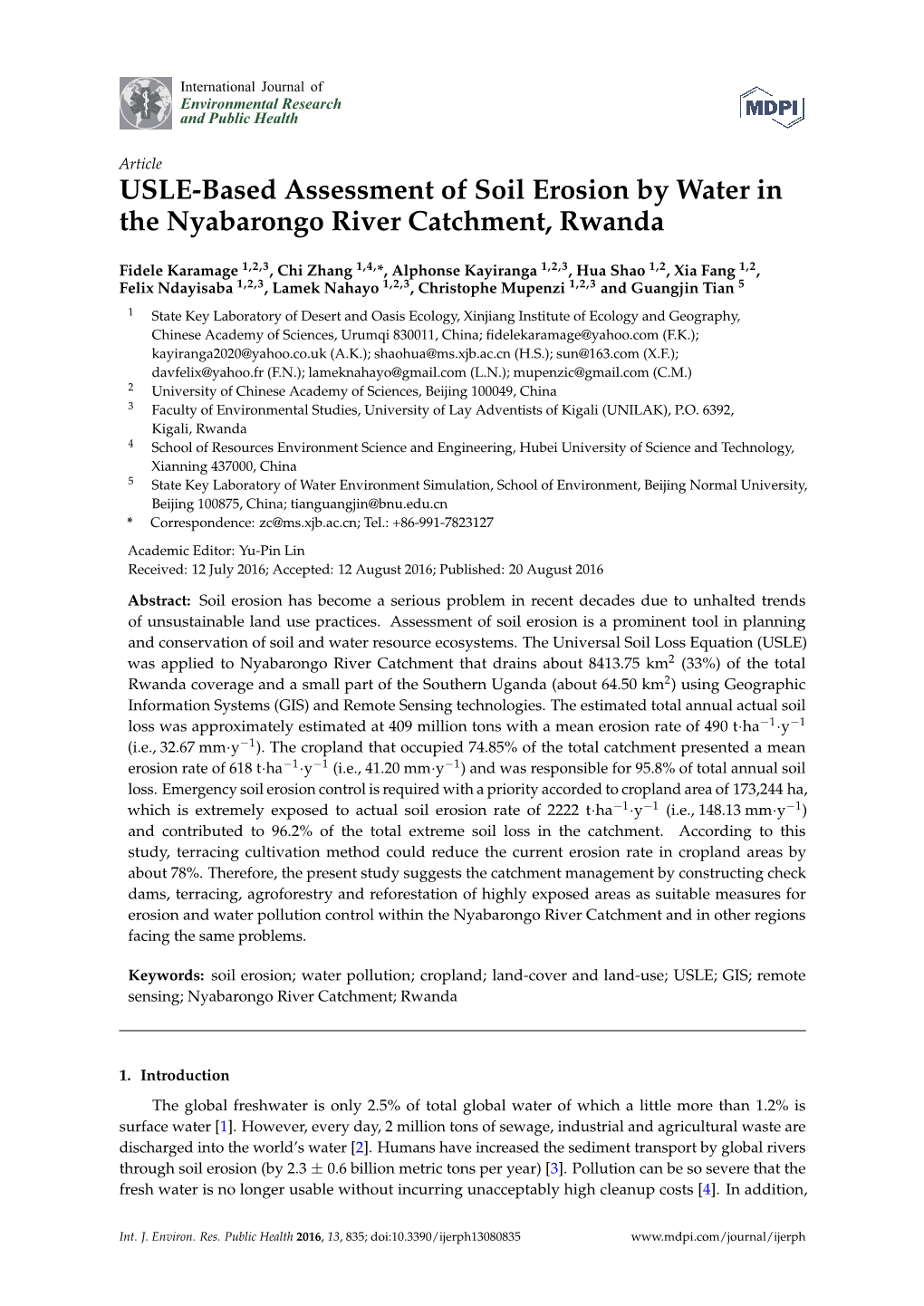 USLE-Based Assessment of Soil Erosion by Water in the Nyabarongo River Catchment, Rwanda
