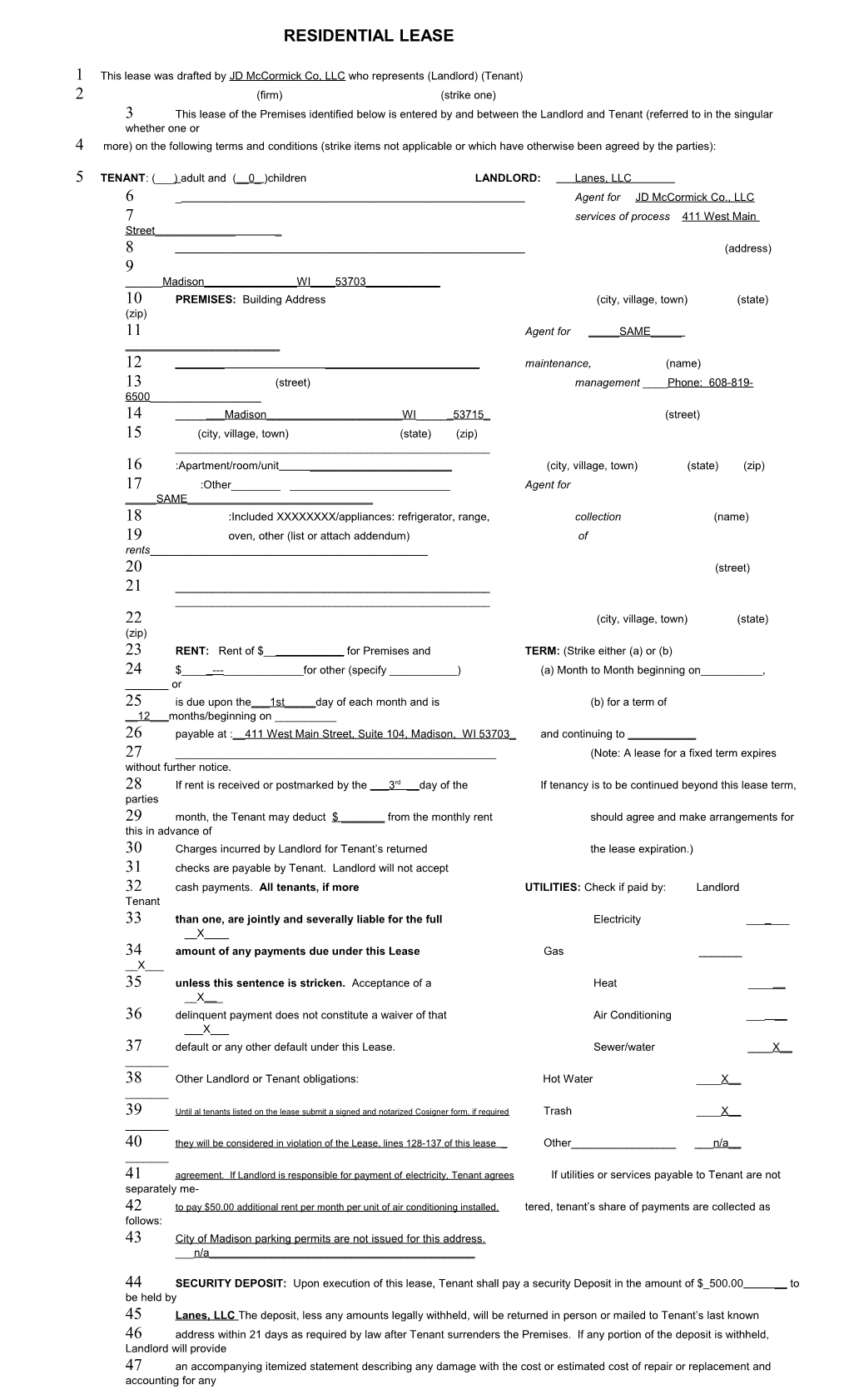 1 This Lease Was Drafted by JD Mccormick Co, LLC Who Represents (Landlord) (Tenant)