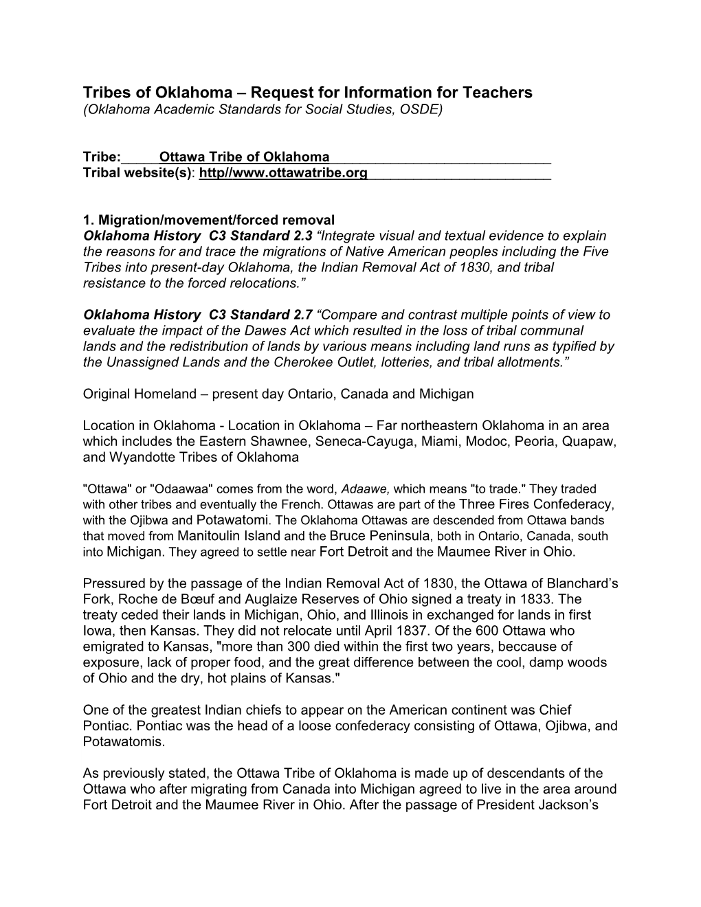 Tribes of Oklahoma – Request for Information for Teachers (Oklahoma Academic Standards for Social Studies, OSDE)