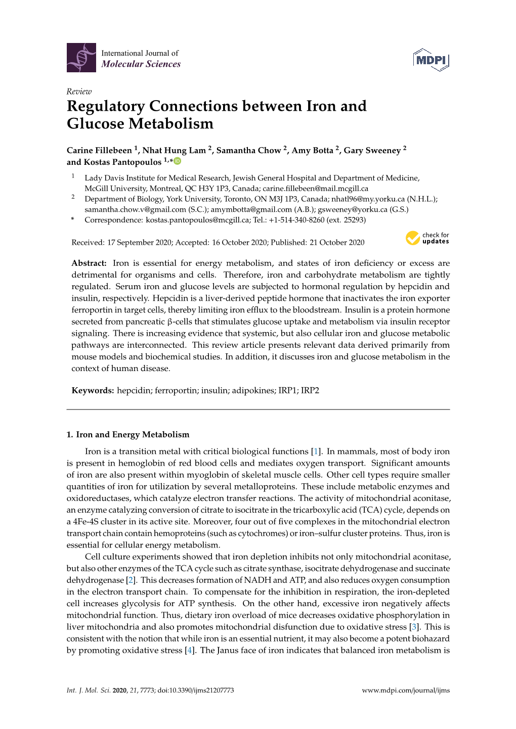 Regulatory Connections Between Iron and Glucose Metabolism