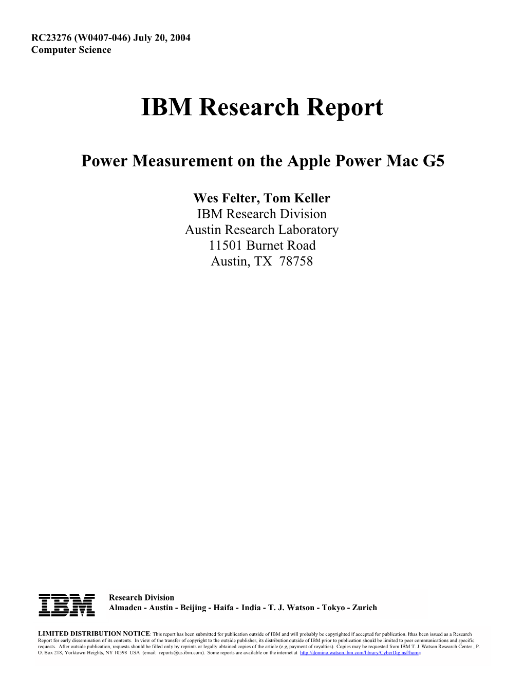 IBM Research Report: Power Measurement of the Apple Power