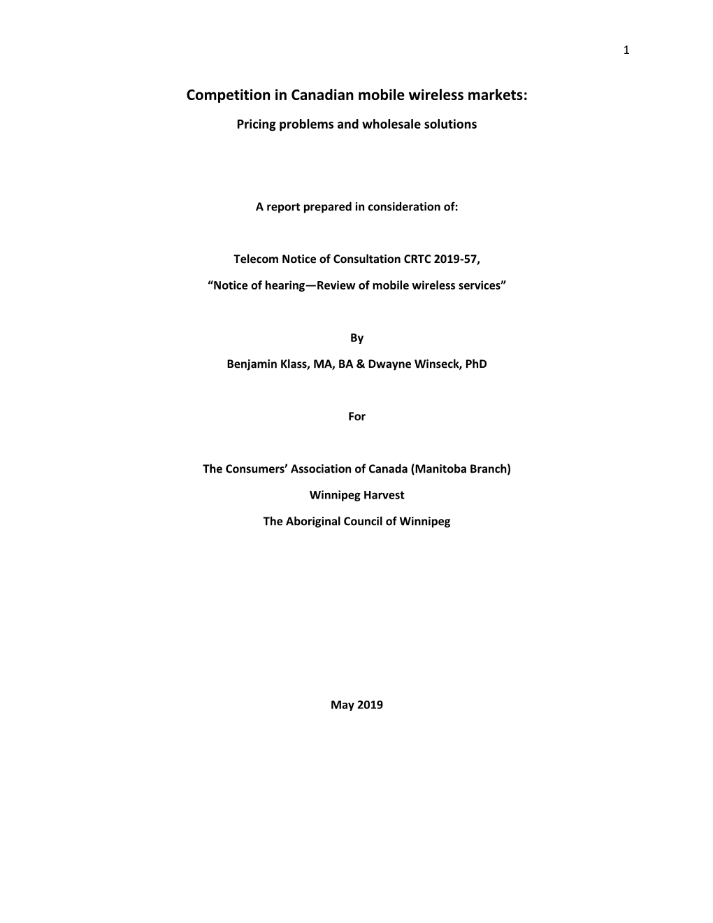 Competition in Canadian Mobile Wireless Markets: Pricing Problems and Wholesale Solutions