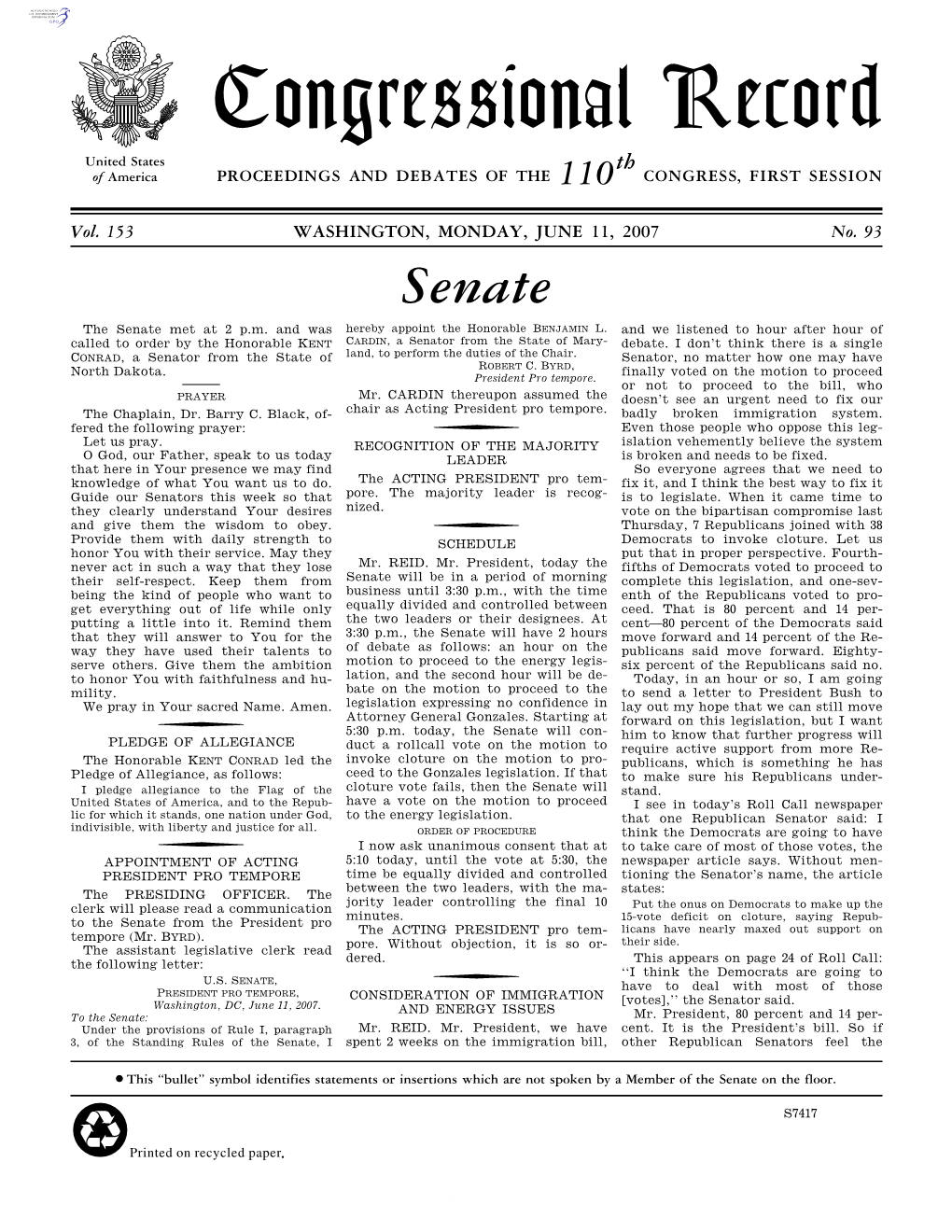 Congressional Record United States Th of America PROCEEDINGS and DEBATES of the 110 CONGRESS, FIRST SESSION