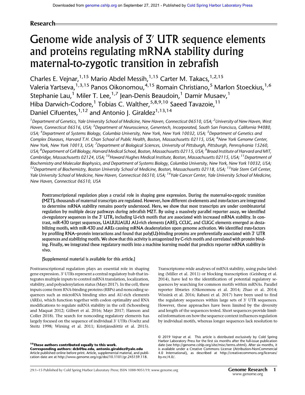 UTR Sequence Elements and Proteins Regulating Mrna Stability During Maternal-To-Zygotic Transition in Zebrafish