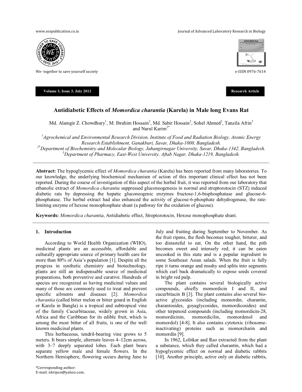 Antidiabetic Effects of Momordica Charantia (Karela) in Male Long Evans Rat