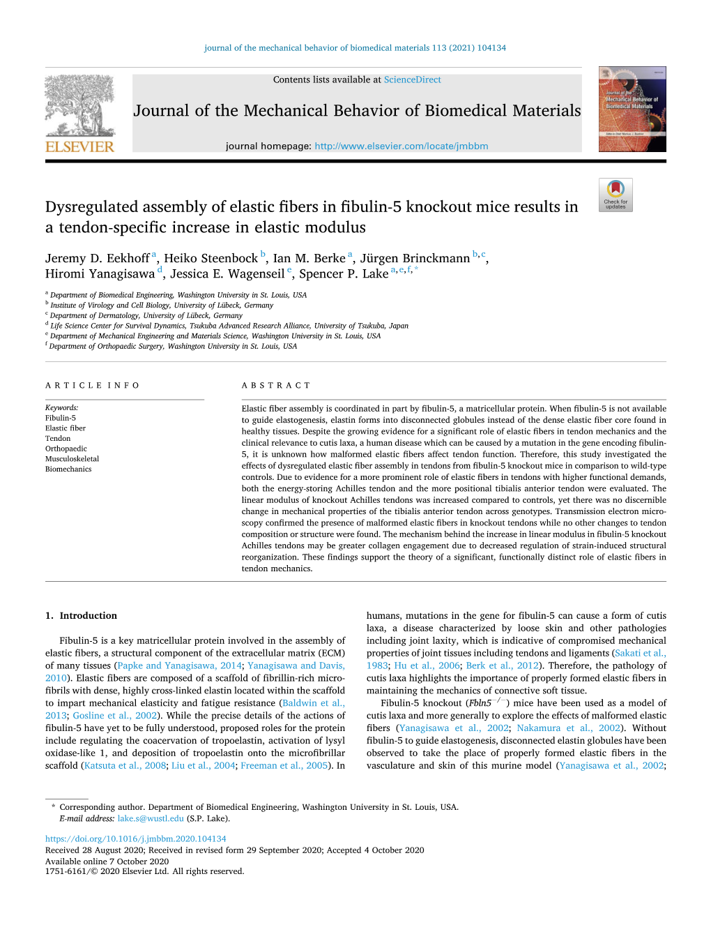 Dysregulated Assembly of Elastic Fibers in Fibulin-5 Knockout Mice Results in a Tendon-Specific Increase in Elastic Modulus