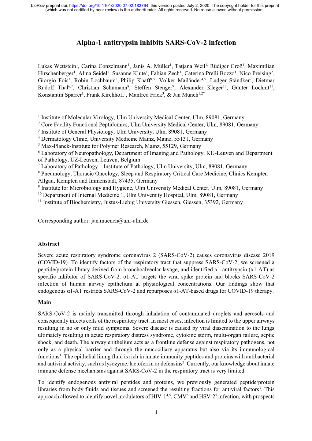 Alpha-1 Antitrypsin Inhibits SARS-Cov-2 Infection