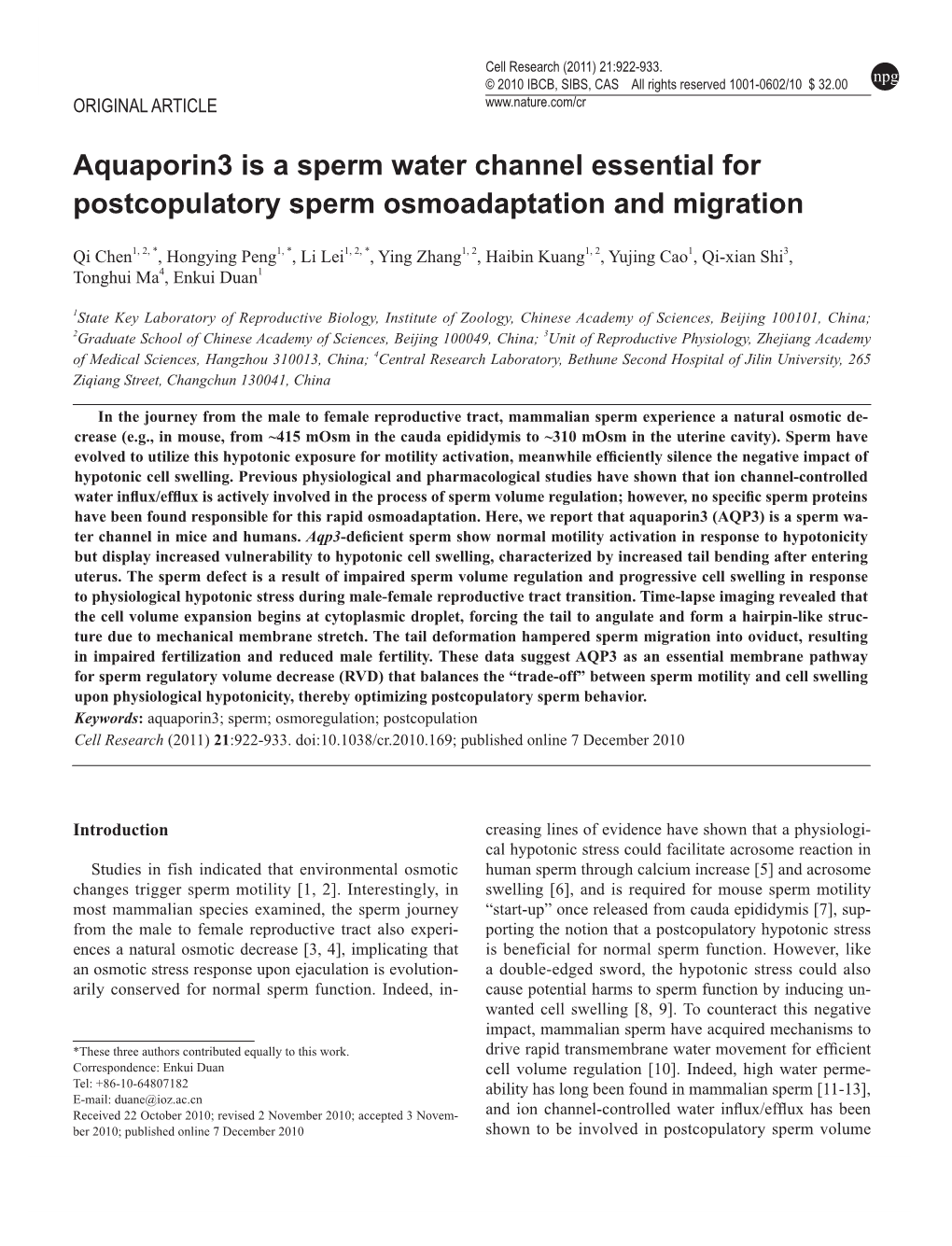 Aquaporin3 Is a Sperm Water Channel Essential for Postcopulatory Sperm Osmoadaptation and Migration