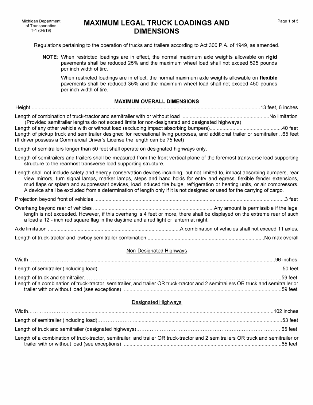 Maximum Legal Truck Loadings and Dimensions