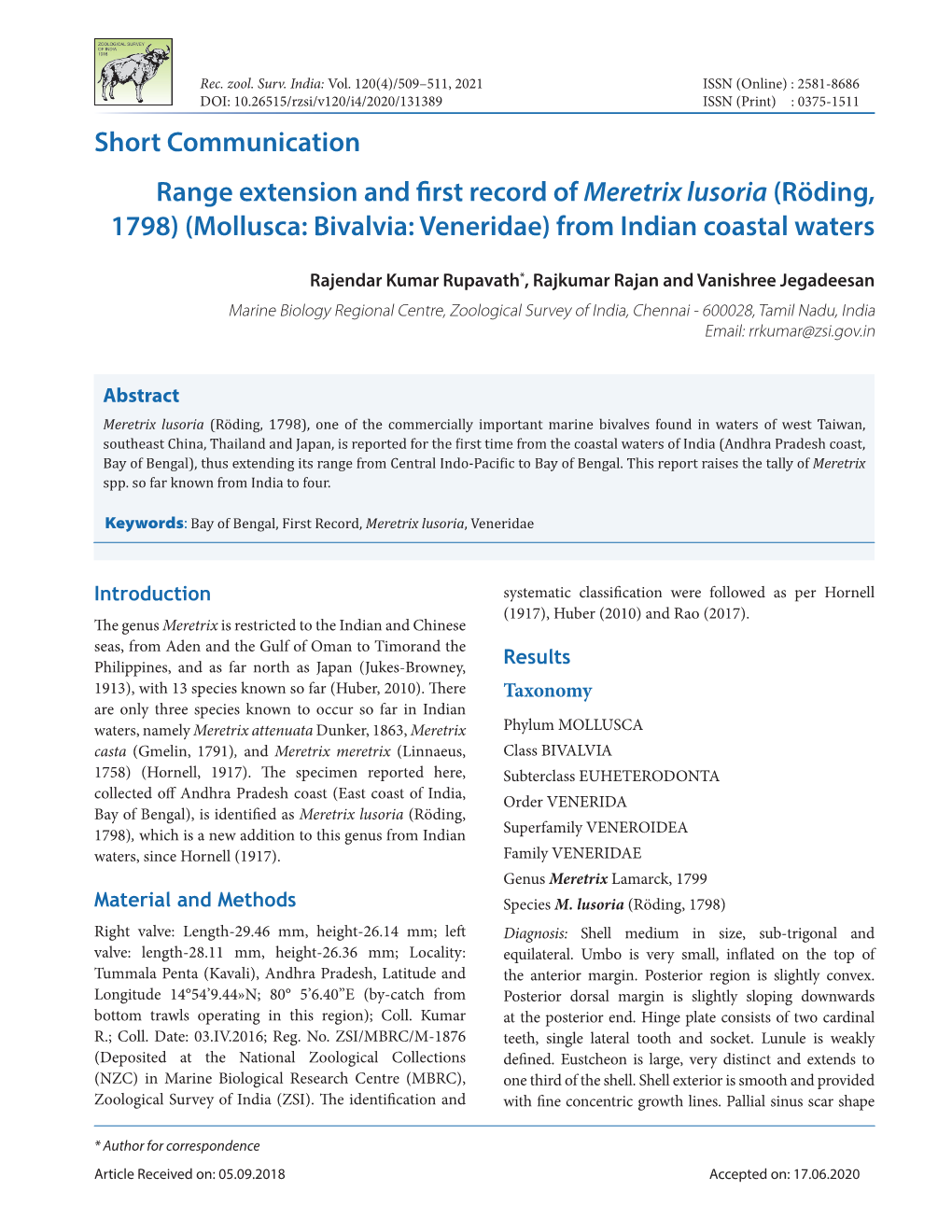 (Röding, 1798) (Mollusca: Bivalvia: Veneridae) from Indian Coastal Waters