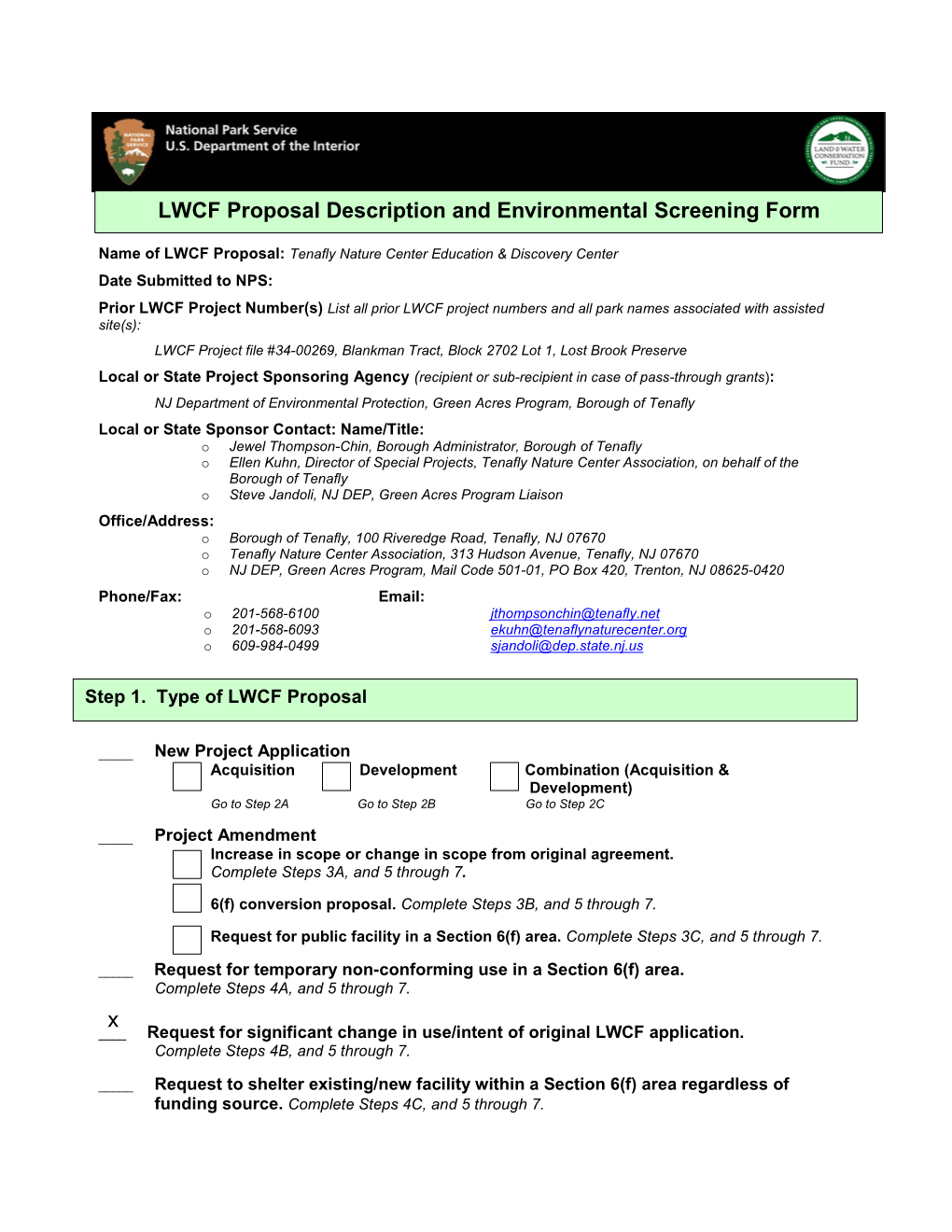 LWCF Proposal Description and Environmental Screening Form X