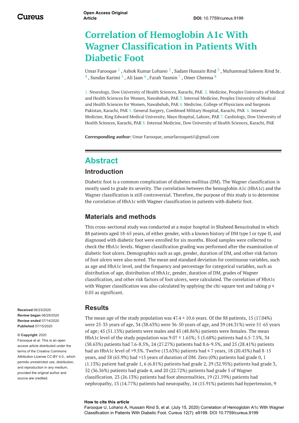 Correlation of Hemoglobin A1c with Wagner Classification in Patients with Diabetic Foot