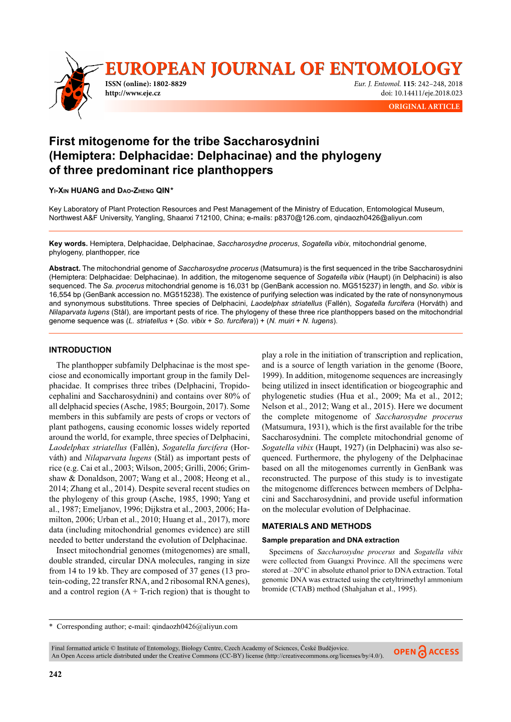 Hemiptera: Delphacidae: Delphacinae) and the Phylogeny of Three Predominant Rice Planthoppers