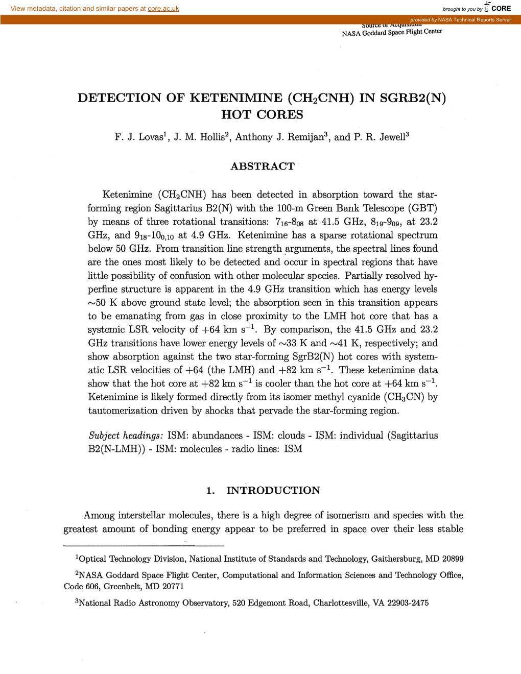 Detection of Ketenimine (Ch2cnh) in Sgrbz(N) Hot Cores F