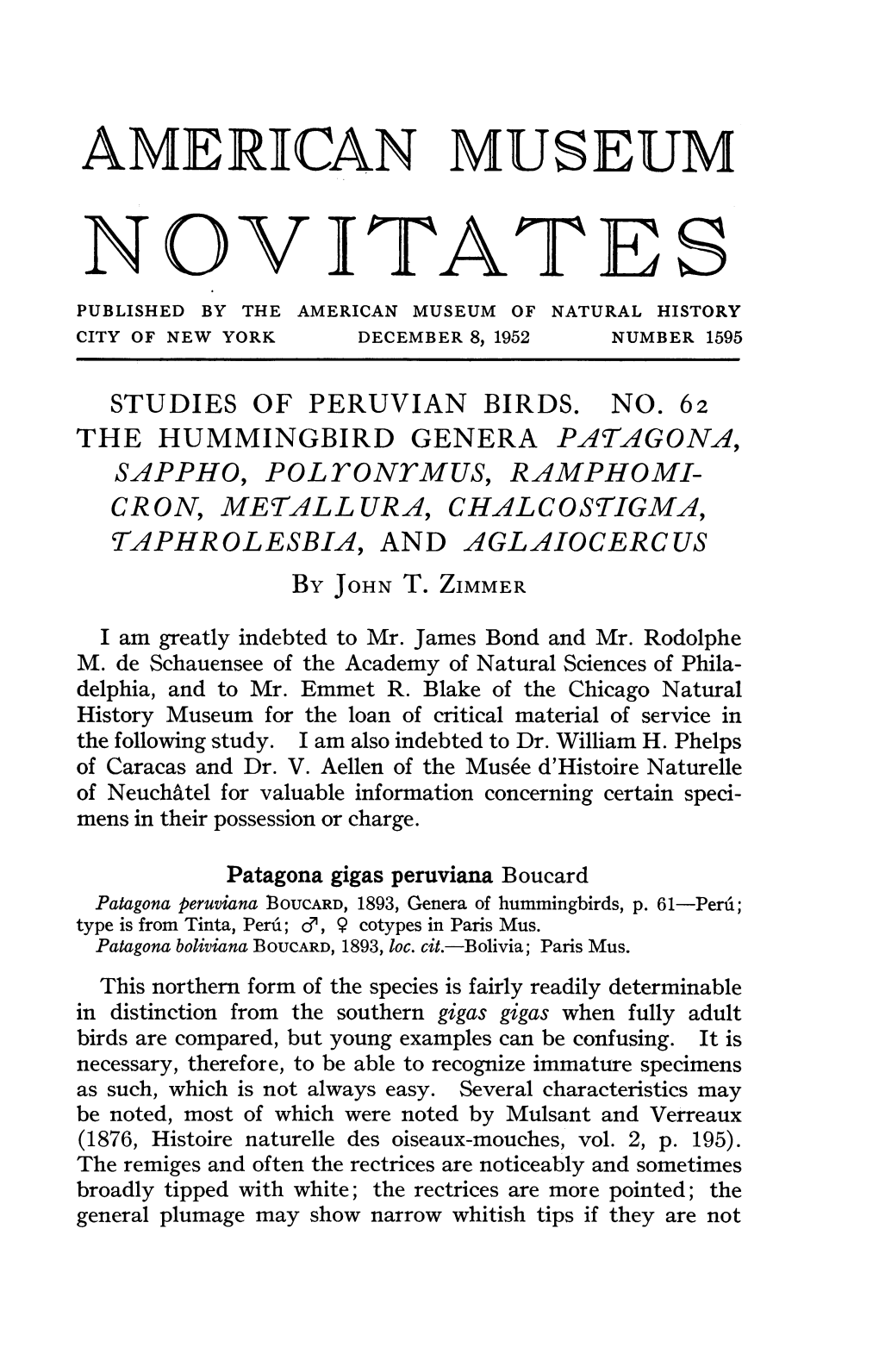 Novistates Published by the American Museum of Natural History City of New York December 8, 1952 Number 1595