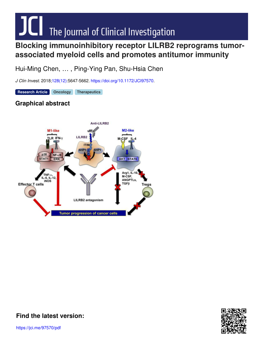Blocking Immunoinhibitory Receptor LILRB2 Reprograms Tumor- Associated Myeloid Cells and Promotes Antitumor Immunity