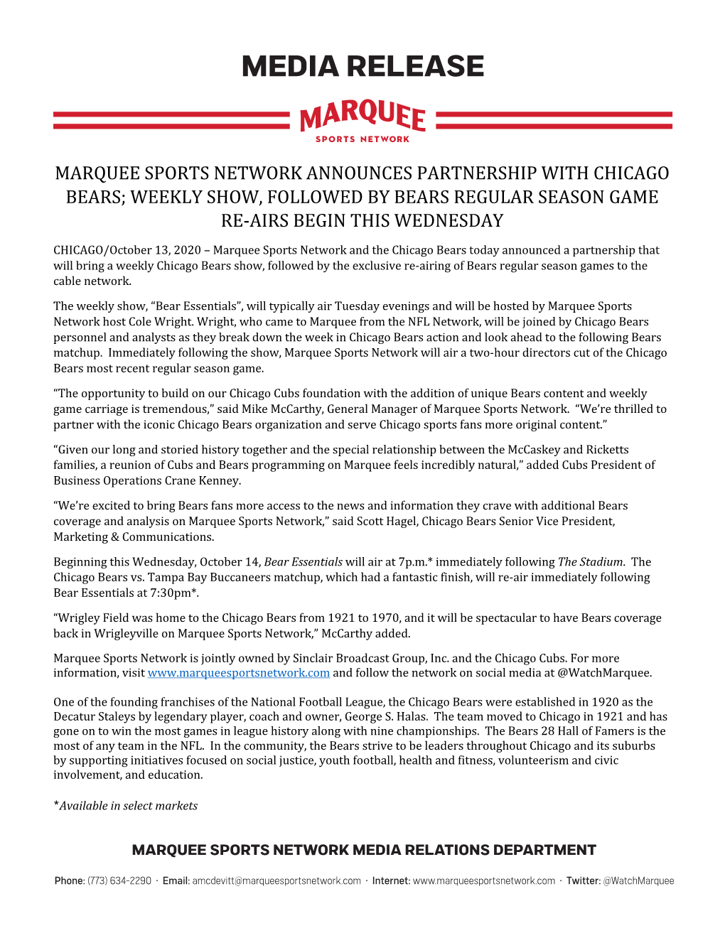 Marquee Sports Network Announces Partnership with Chicago Bears; Weekly Show, Followed by Bears Regular Season Game Re-Airs Begin This Wednesday