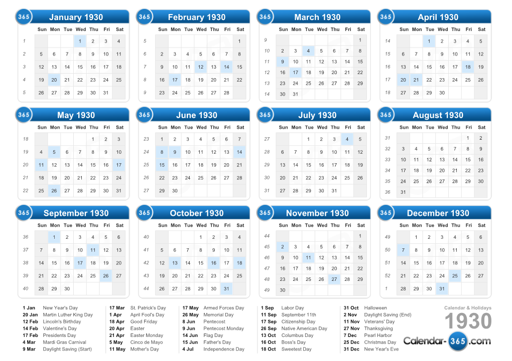 Calendar 1930 & Holidays 1930