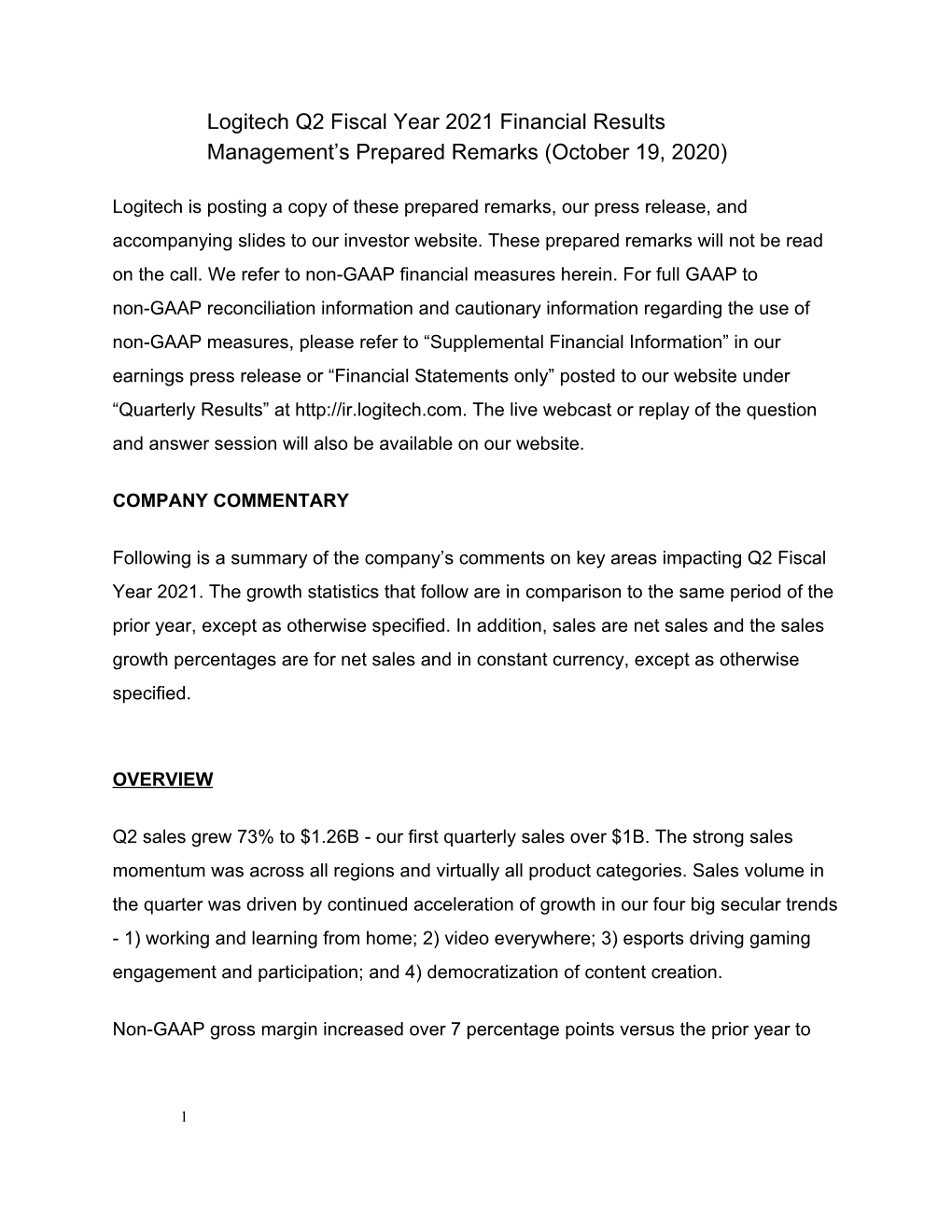 Logitech Q2 Fiscal Year 2021 Financial Results Management's Prepared Remarks (October 19, 2020)