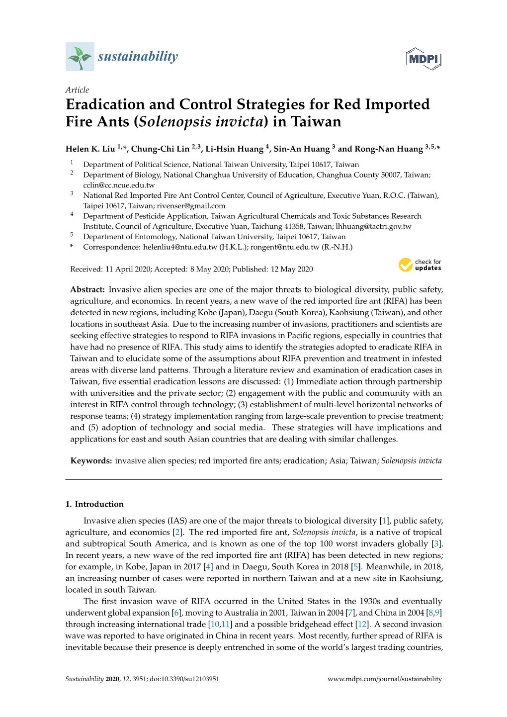 Eradication and Control Strategies for Red Imported Fire Ants (Solenopsis Invicta) in Taiwan