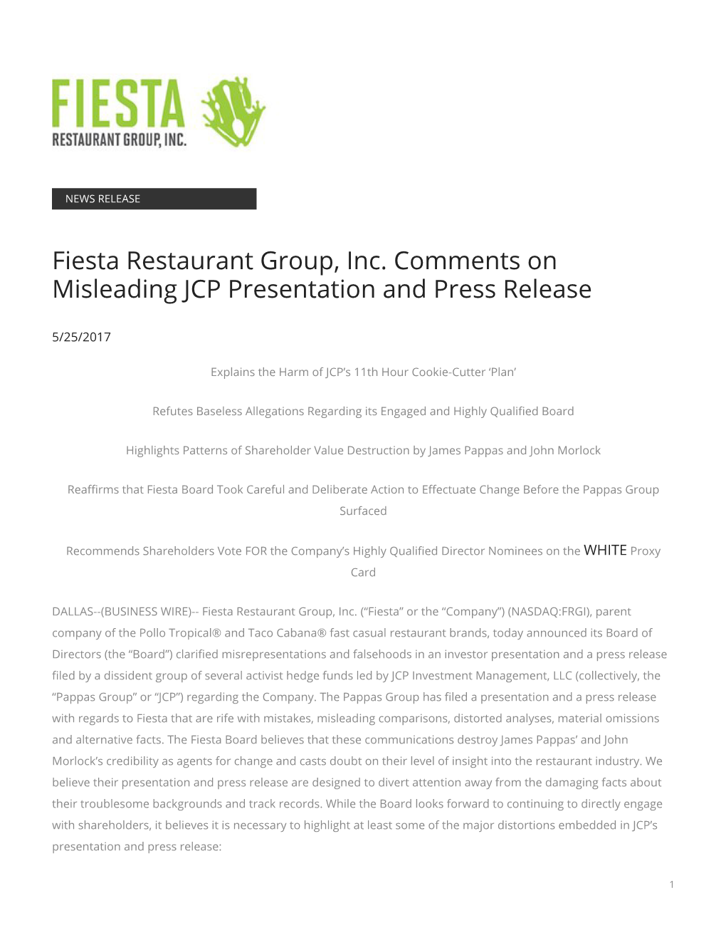 Fiesta Restaurant Group, Inc. Comments on Misleading JCP Presentation and Press Release