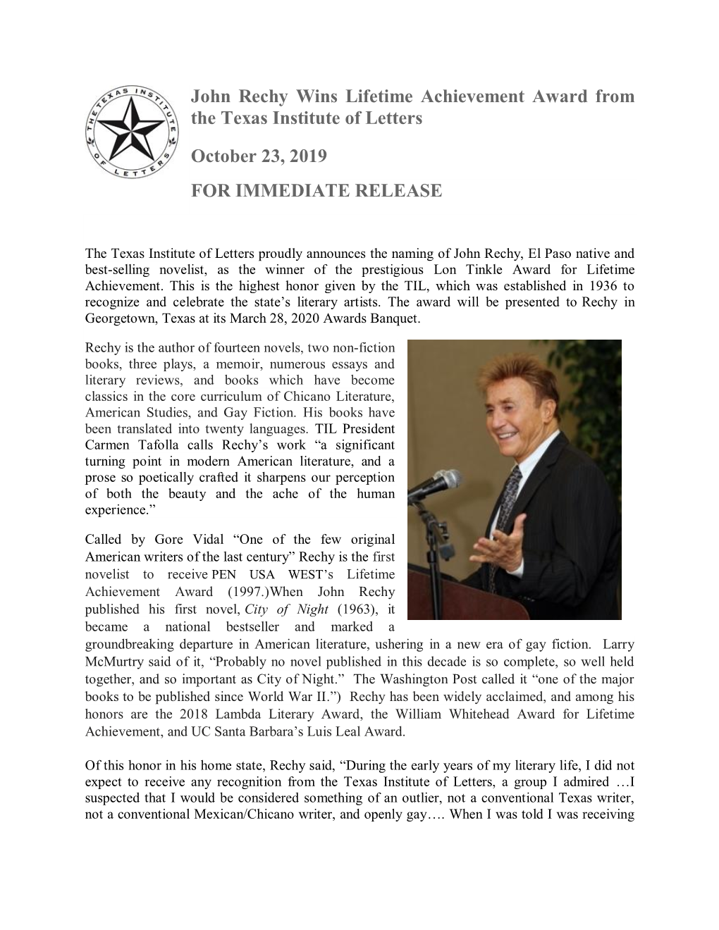 John Rechy Wins Lifetime Achievement Award from the Texas Institute of Letters