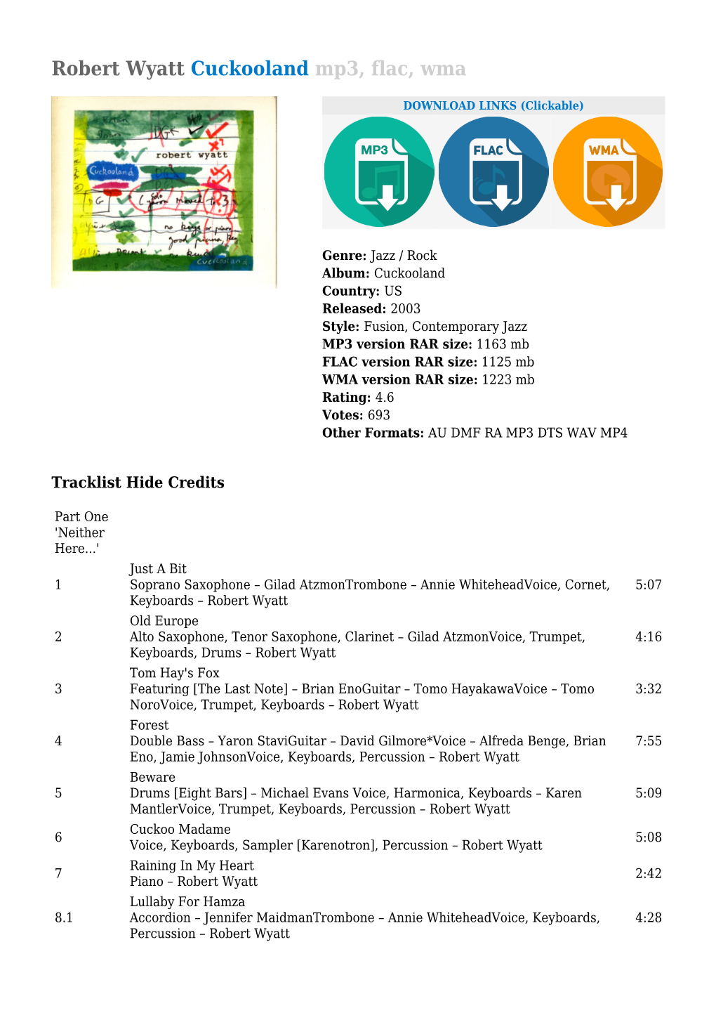 Robert Wyatt Cuckooland Mp3, Flac, Wma