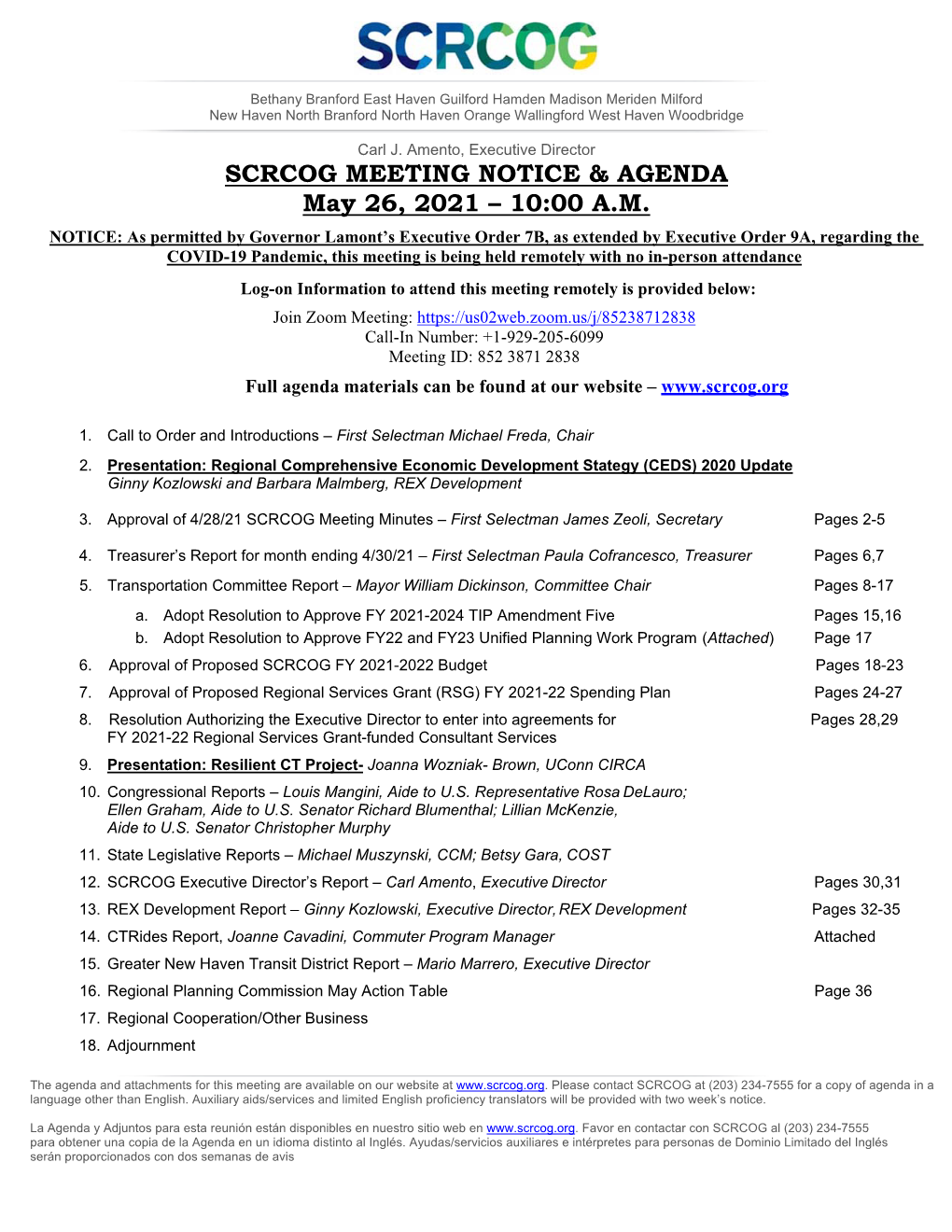 May 2021 SCRCOG Board Agenda