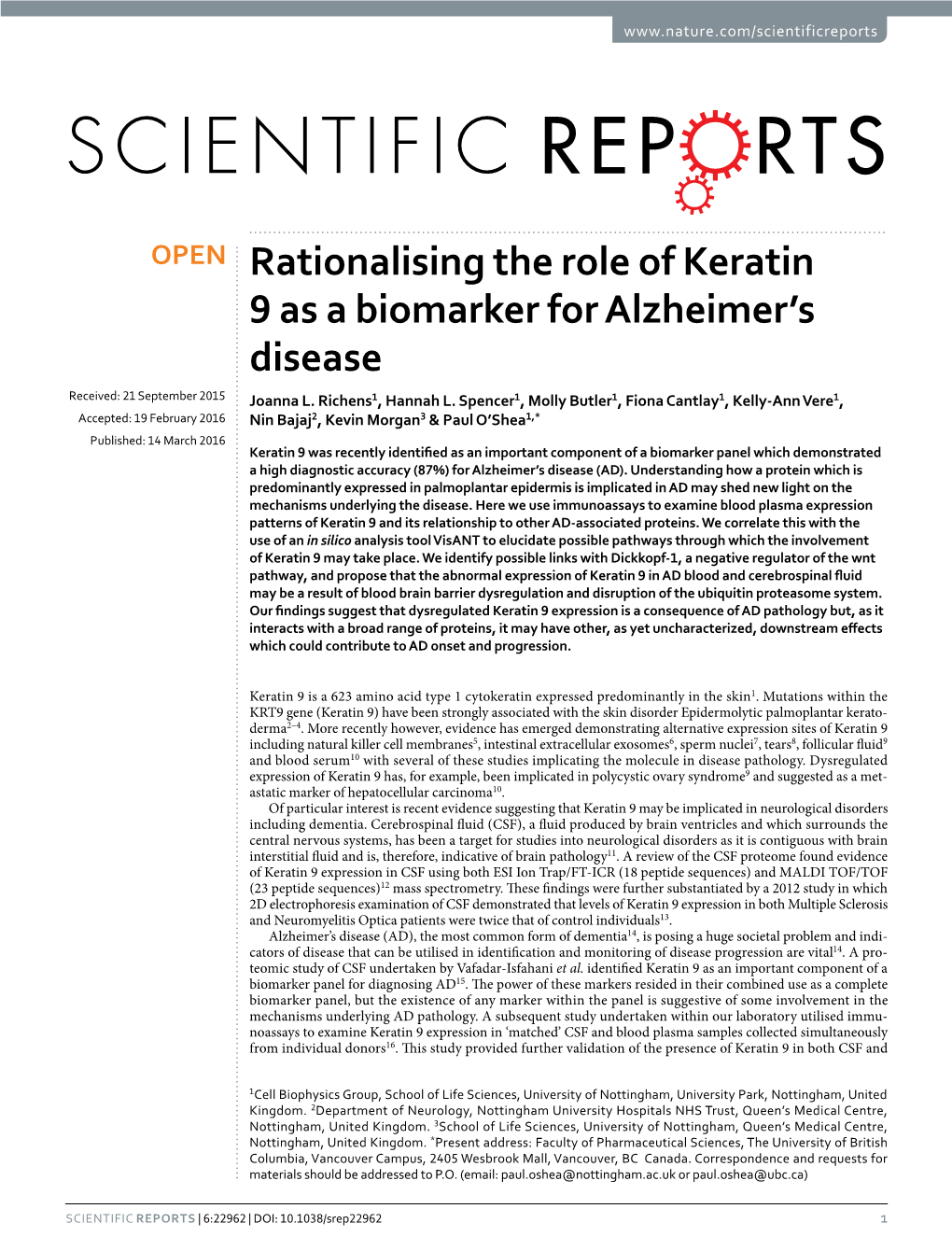 Rationalising the Role of Keratin 9 As a Biomarker for Alzheimer's Disease