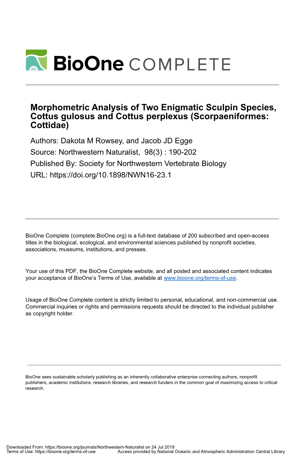 Morphometric Analysis of Two Enigmatic Sculpin Species, Cottus