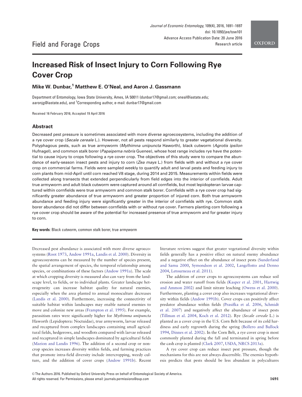 Dunber: Armyworm Insect Injury to Corn Following