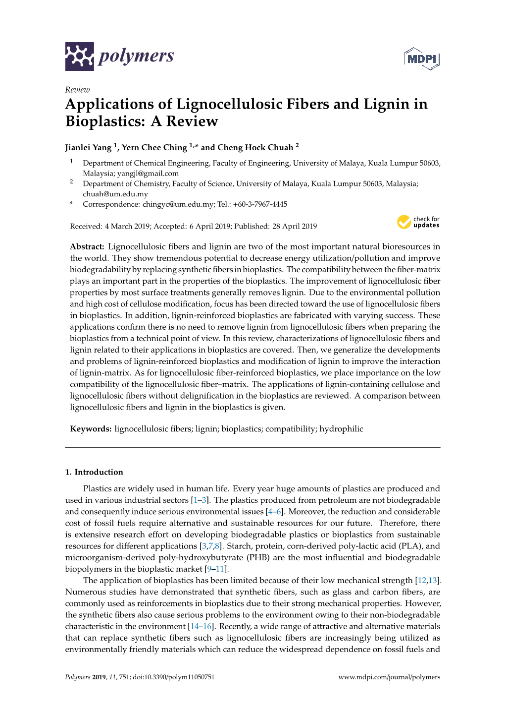 Applications of Lignocellulosic Fibers and Lignin in Bioplastics: a Review