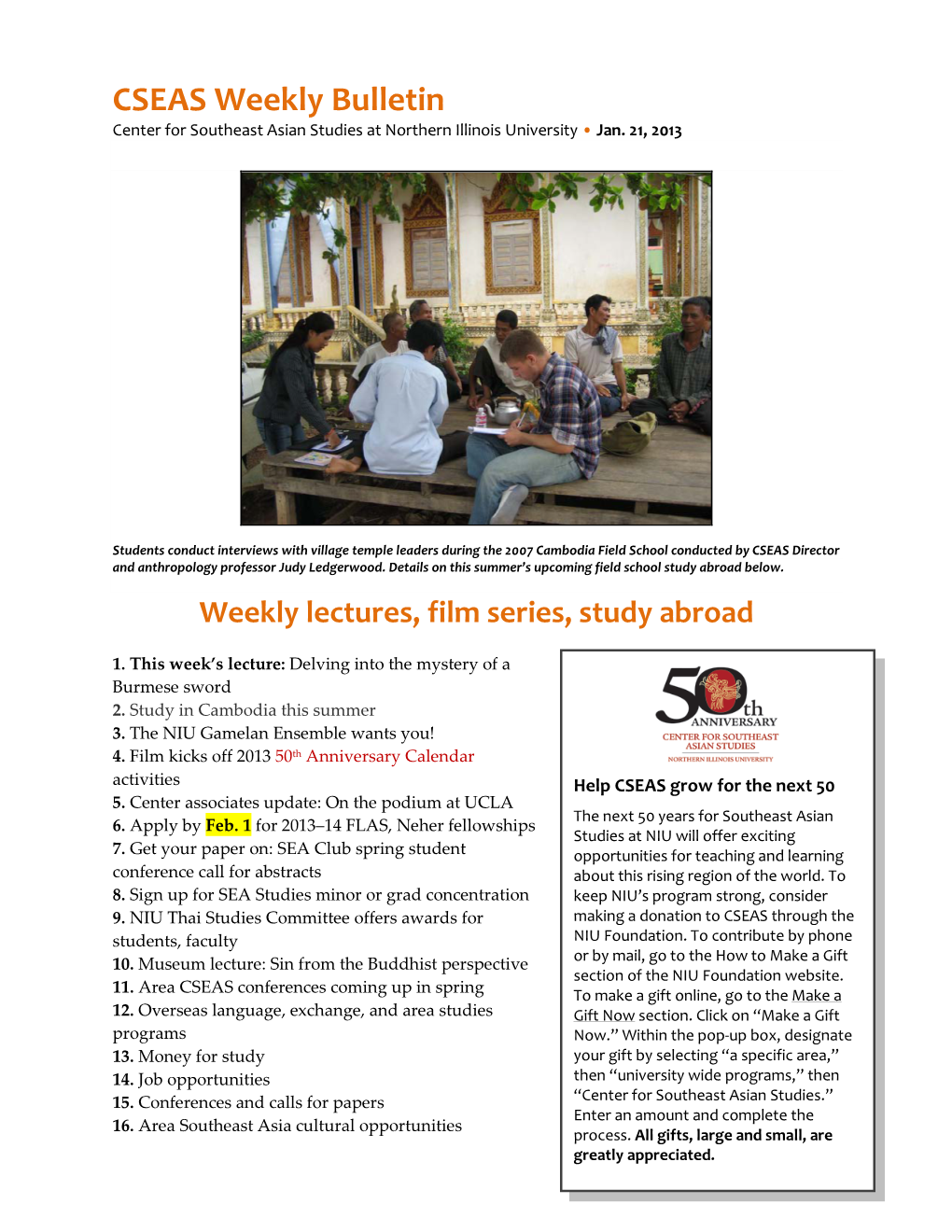 CSEAS Weekly Bulletin Center for Southeast Asian Studies at Northern Illinois University • Jan
