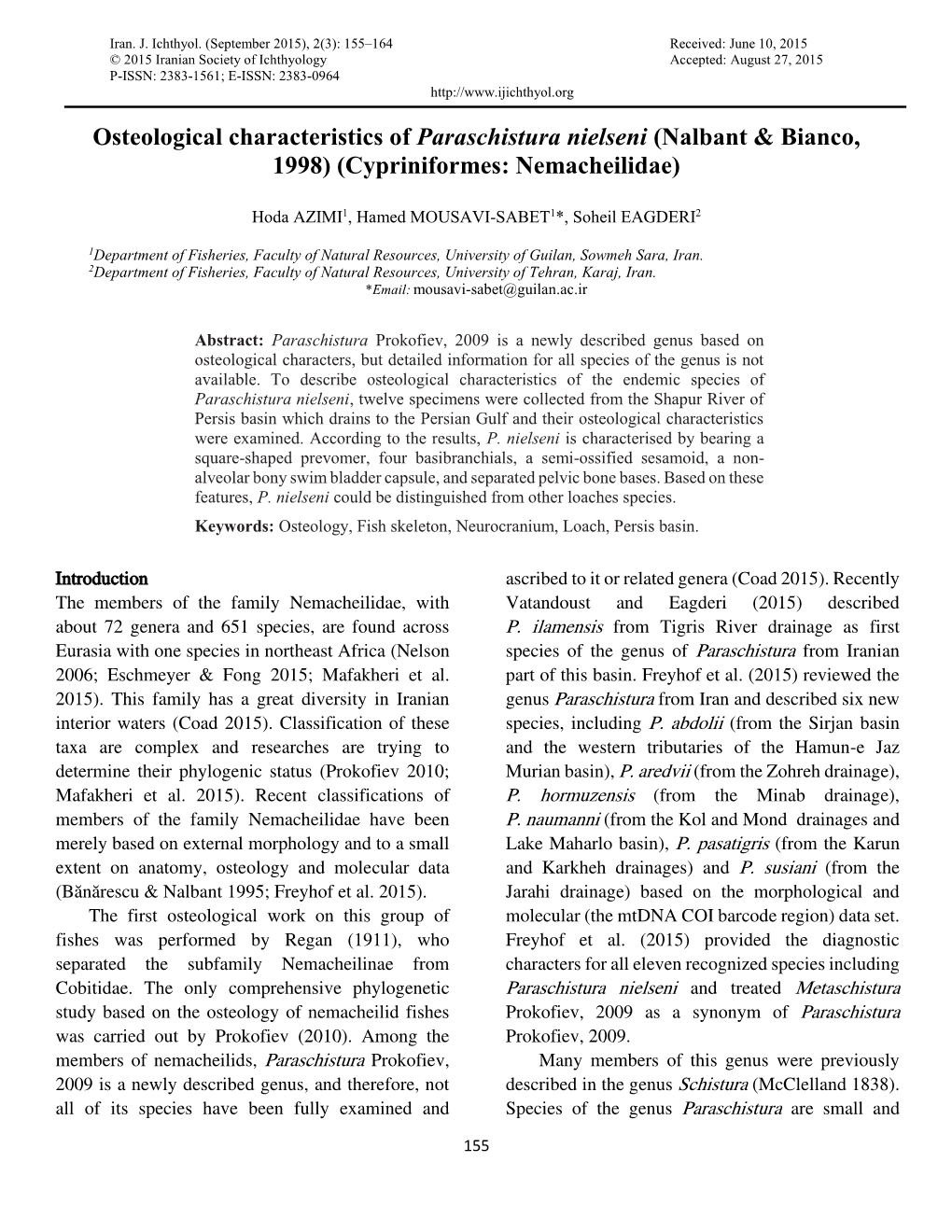 Osteological Characteristics of Paraschistura Nielseni (Nalbant & Bianco, 1998) (Cypriniformes: Nemacheilidae)