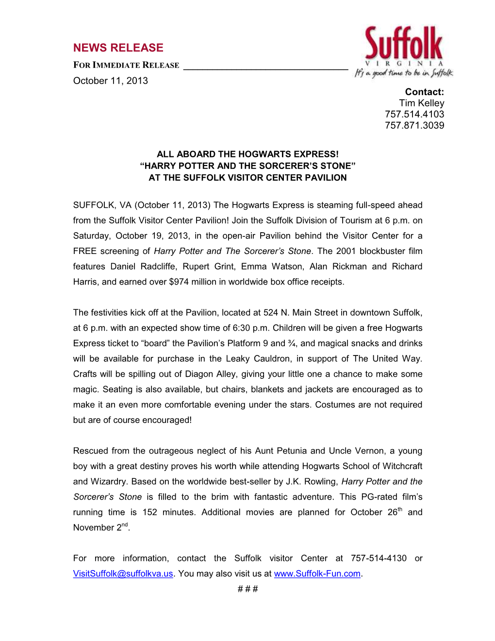 NEWS RELEASE for IMMEDIATE RELEASE ______October 11, 2013 Contact: Tim Kelley 757.514.4103 757.871.3039