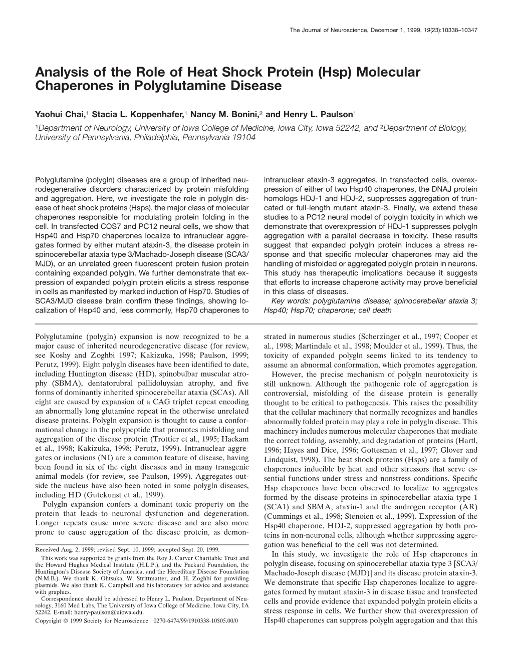 Analysis of the Role of Heat Shock Protein (Hsp) Molecular Chaperones in Polyglutamine Disease