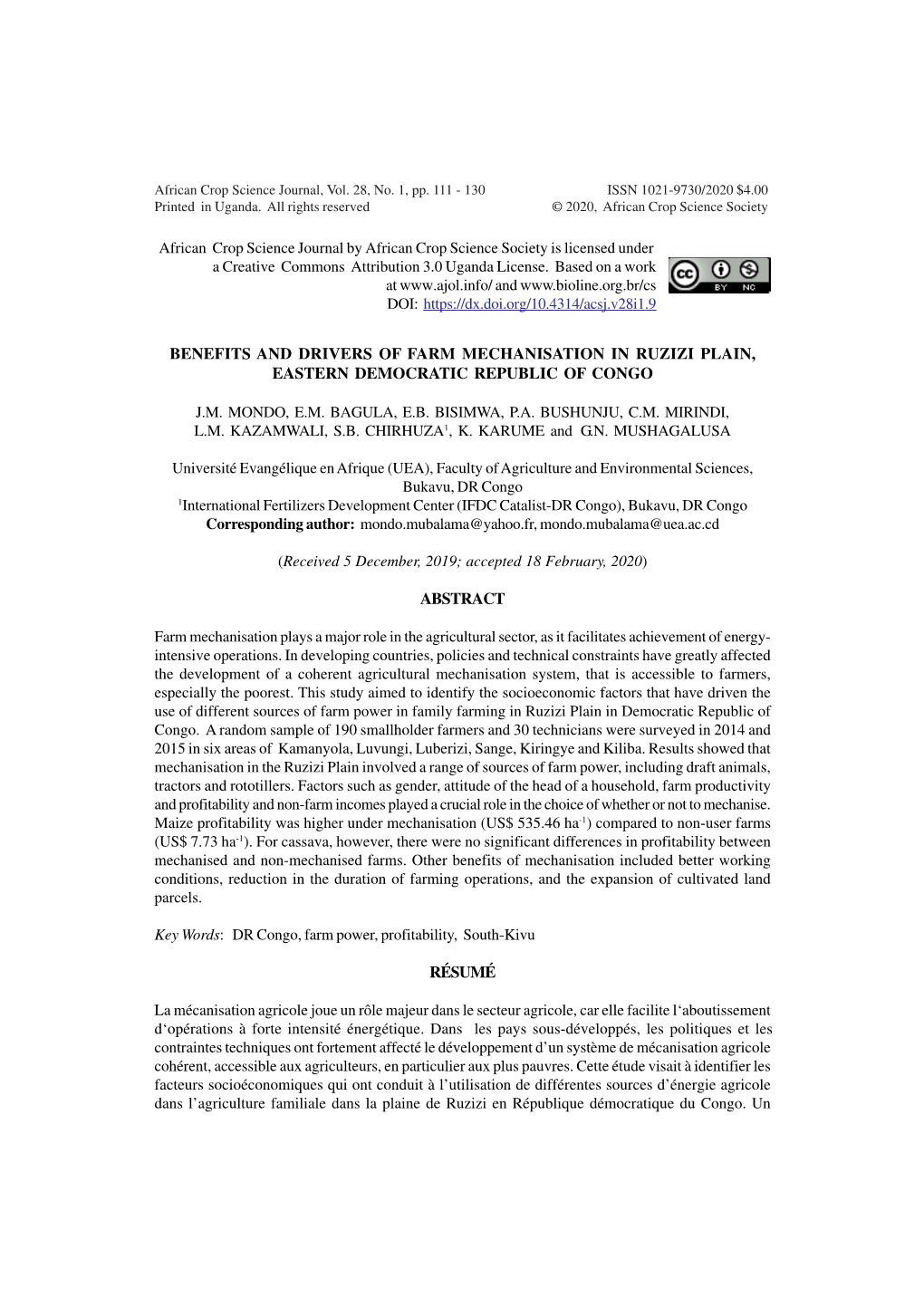 Benefits and Drivers of Farm Mechanisation in Ruzizi Plain, Eastern Democratic Republic of Congo