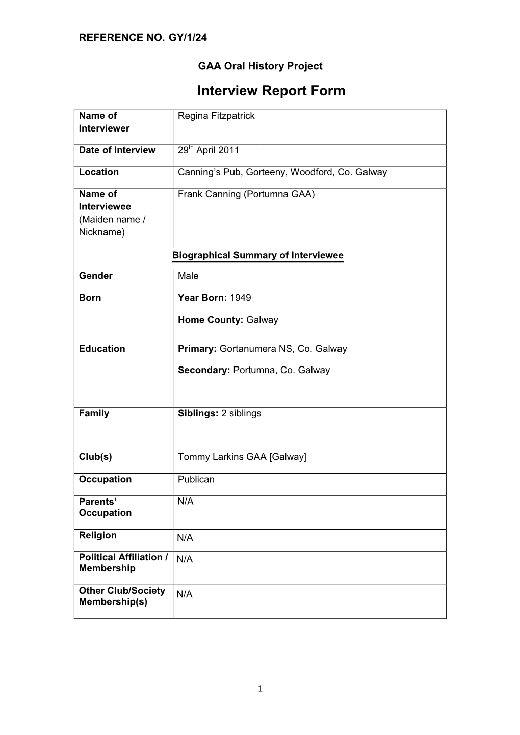 GAA Oral History Project Interview Report Form