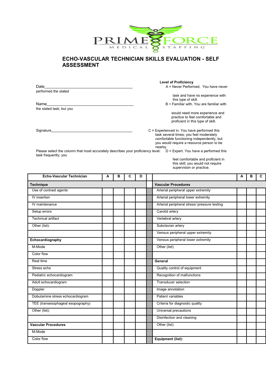 Echo-Vascular Technician Skills Checklist