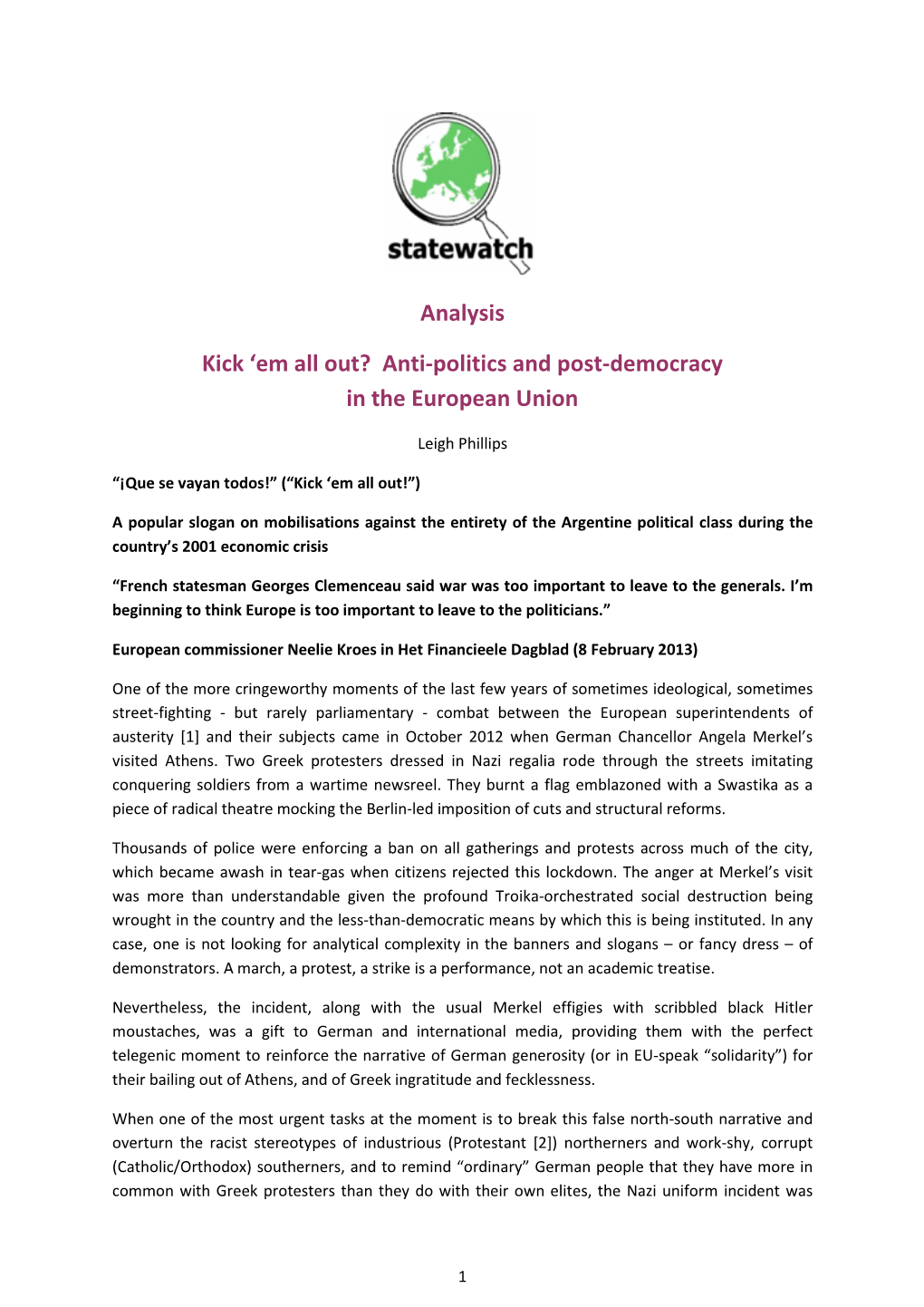 Anti-Politics and Post-Democracy in the European Union