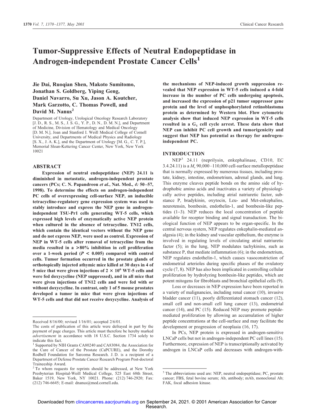 Tumor-Suppressive Effects of Neutral Endopeptidase in Androgen-Independent Prostate Cancer Cells1