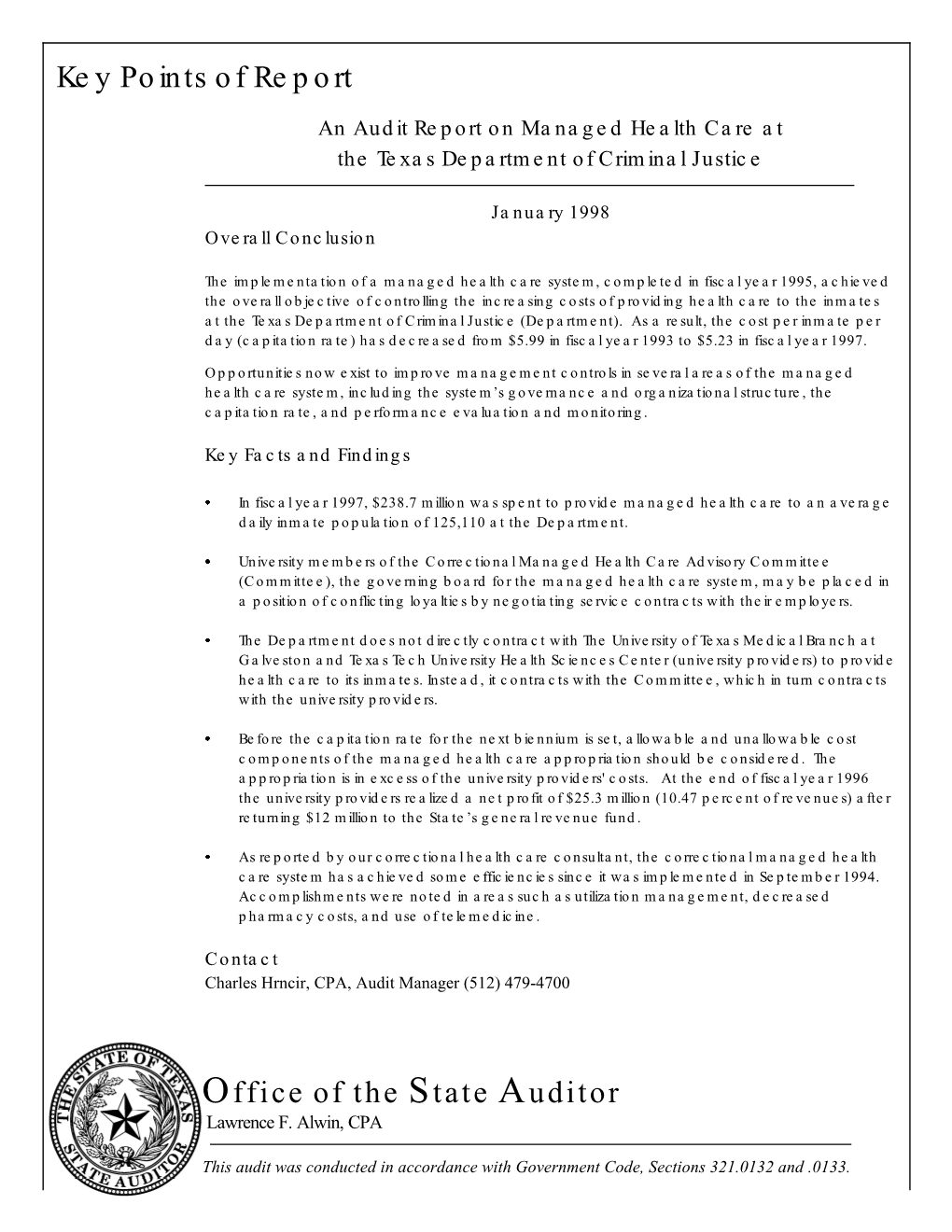 Key Points of Report Office of the State Auditor