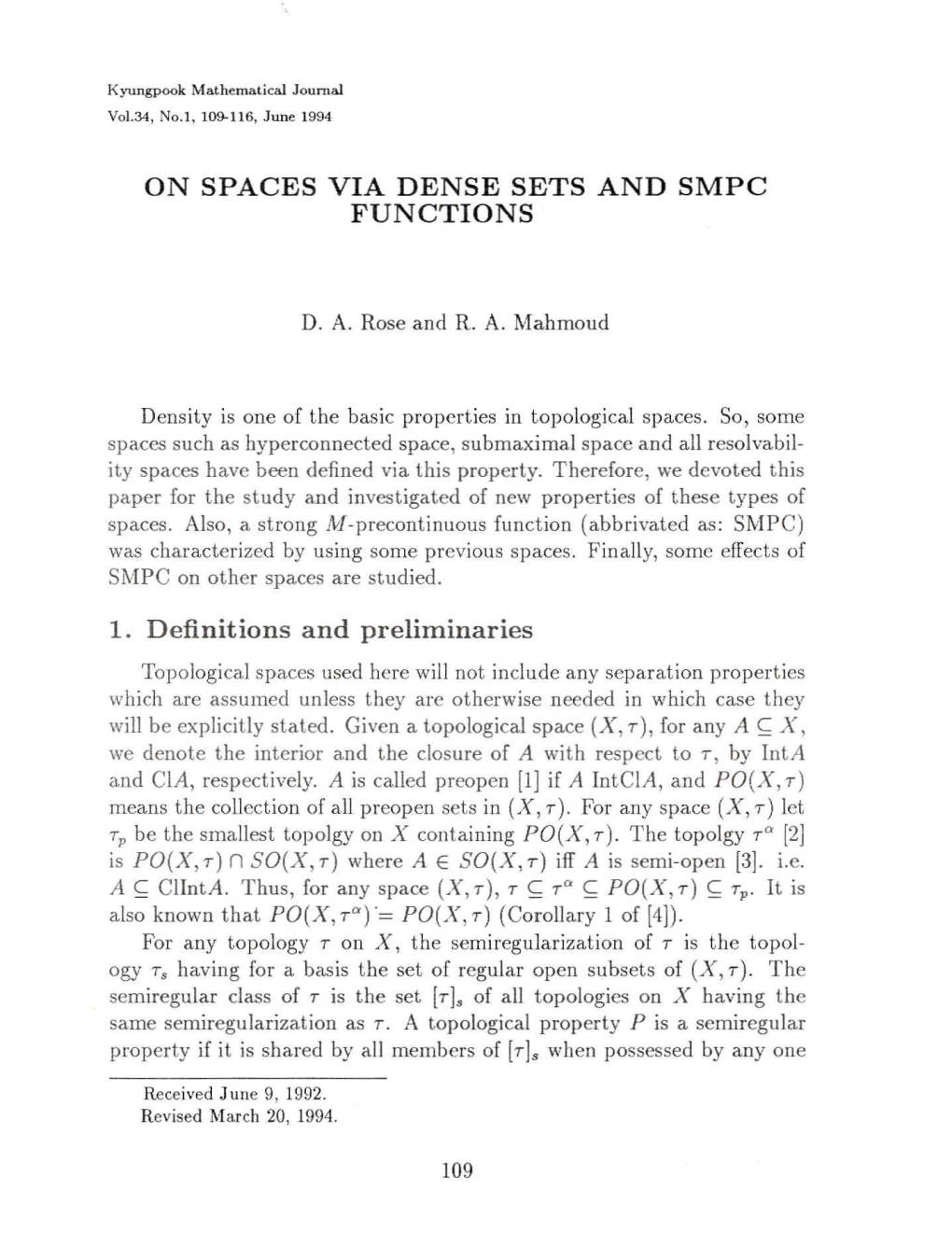 ON SPACES VIA DENSE SETS and SMPC FUNCTIONS 1. Definitions and Preliminaries