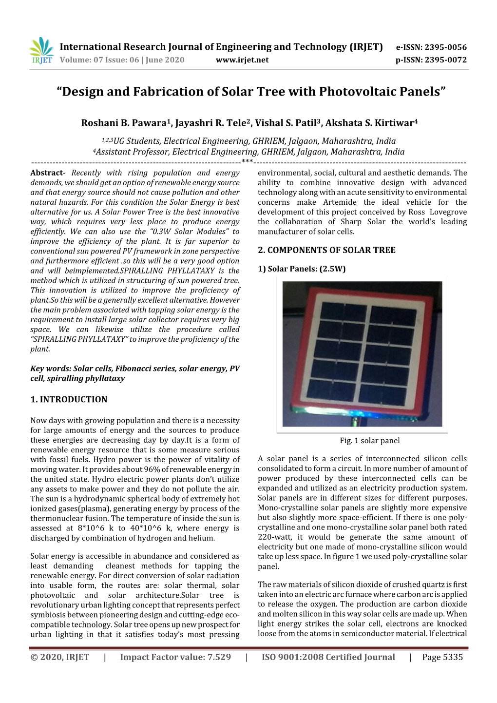 “Design and Fabrication of Solar Tree with Photovoltaic Panels”