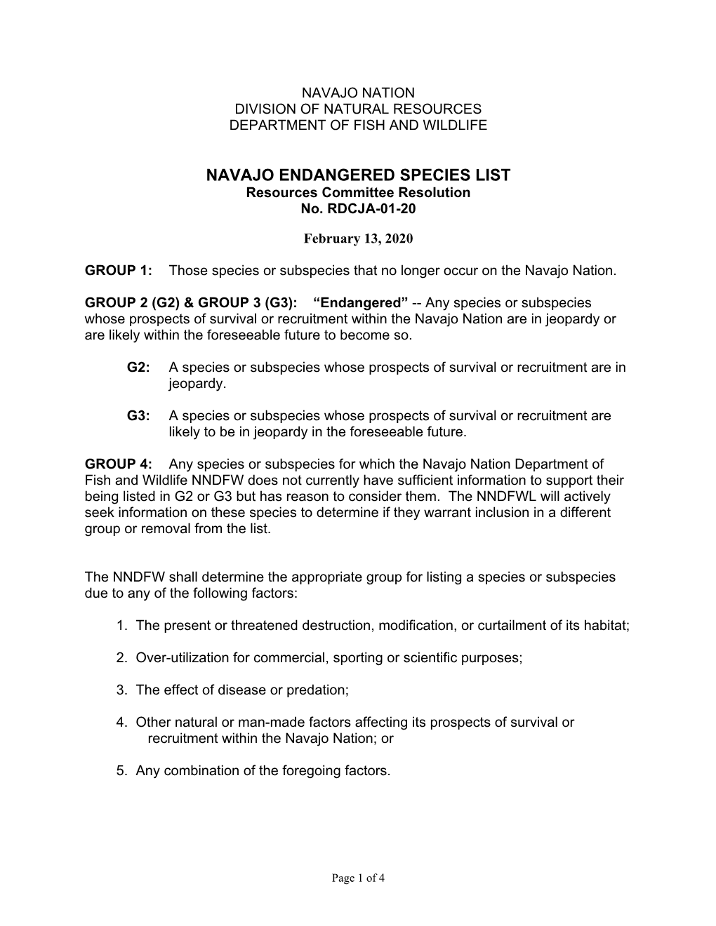 NAVAJO ENDANGERED SPECIES LIST Resources Committee Resolution No