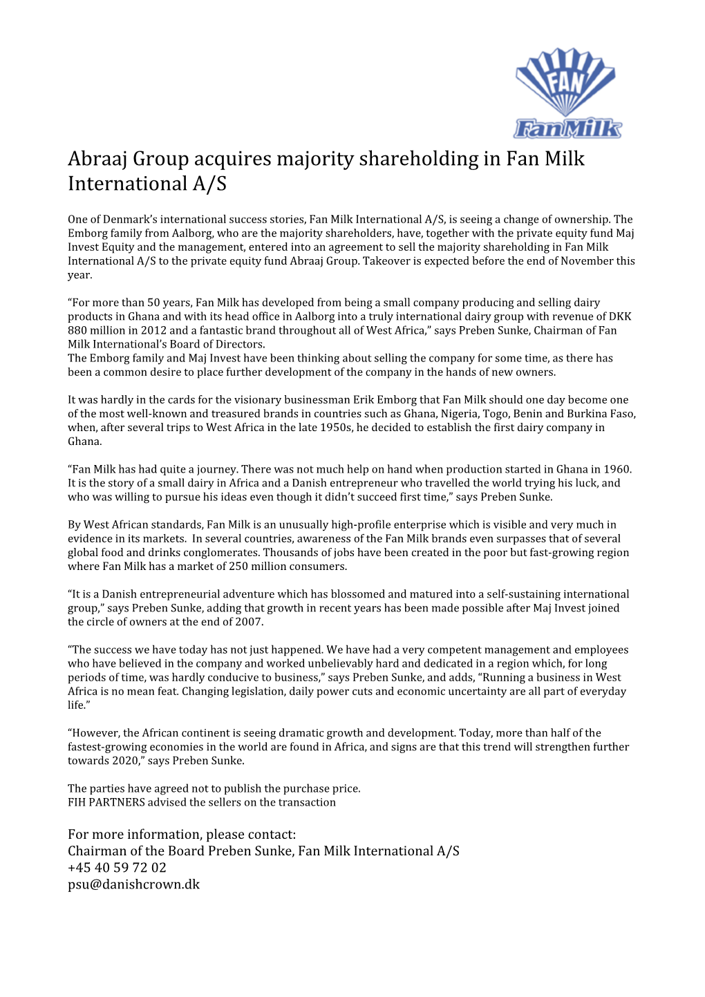 Abraaj Group Acquires Majority Shareholding in Fan Milk International A/S