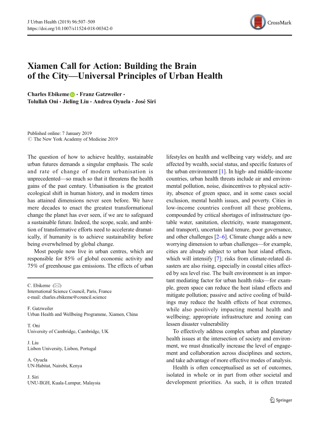 Xiamen Call for Action: Building the Brain of the City—Universal Principles of Urban Health