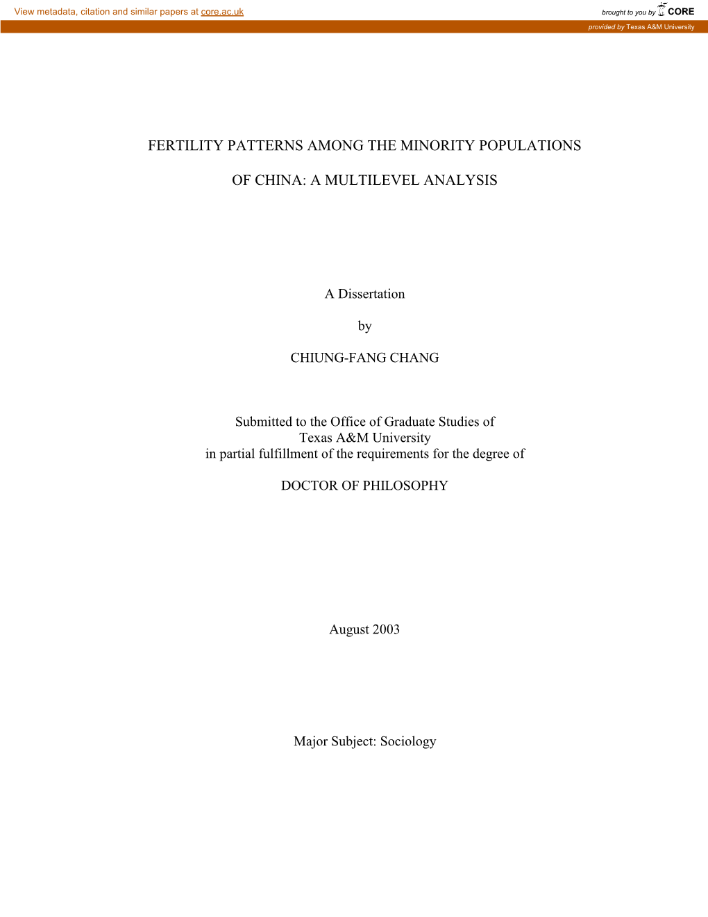 Fertility Patterns Among the Minority Populations of China